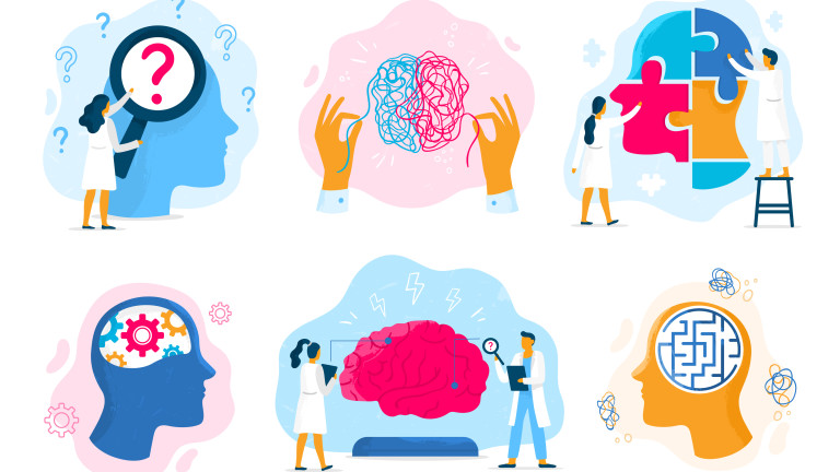 Mental health therapy. Emotional state, mentality healthcare and medical therapies prevention mental problem vector illustration set